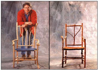 Artist Daniel Mack with two of his rustic chairs.